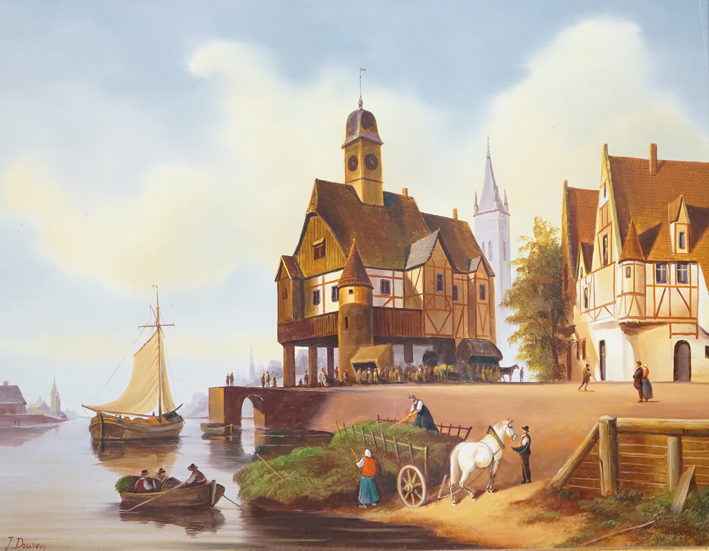 Jacques Douven (1908-2002) oil on board, Town scene with river and boats, signed, 38 x 48cm, ornate gilt framed